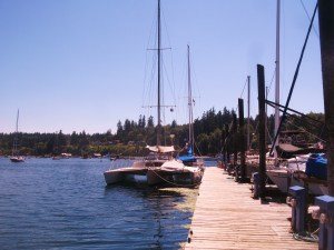 image of catamaran sailboat at dock on Lake