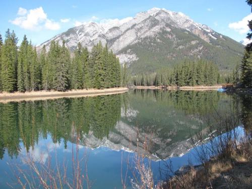 image of peaceful river with mountain in the background