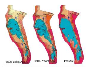 image of 3 maps of Lake Winnipeg showing the lake expanding over 5500 years