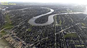 aerial image of Red River flowing through city of Winnipeg